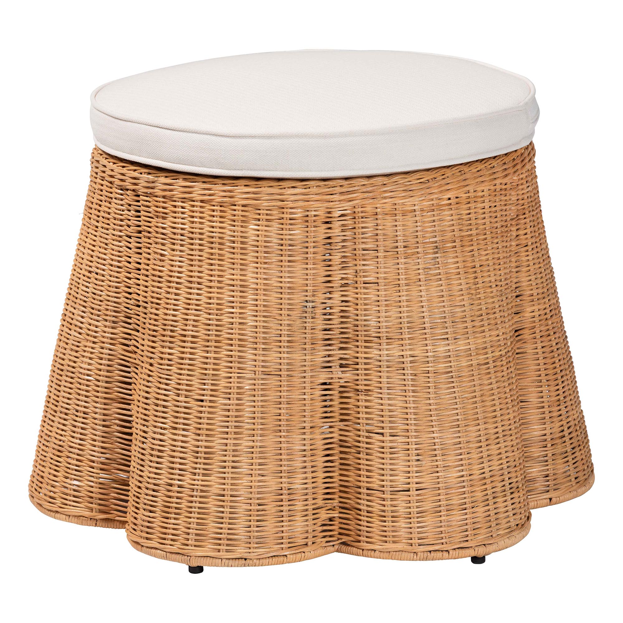 bali & pari Palm Scallop Natural Rattan Ottoman with Cushion - Handwoven Wicker Accent Stool or Footrest for Living Room, Bedroom, or Sunroom, Coastal Boho Style, 26" Round Affordable modern furniture in Chicago, classic living room furniture, modern ottoman, cheap ottoman